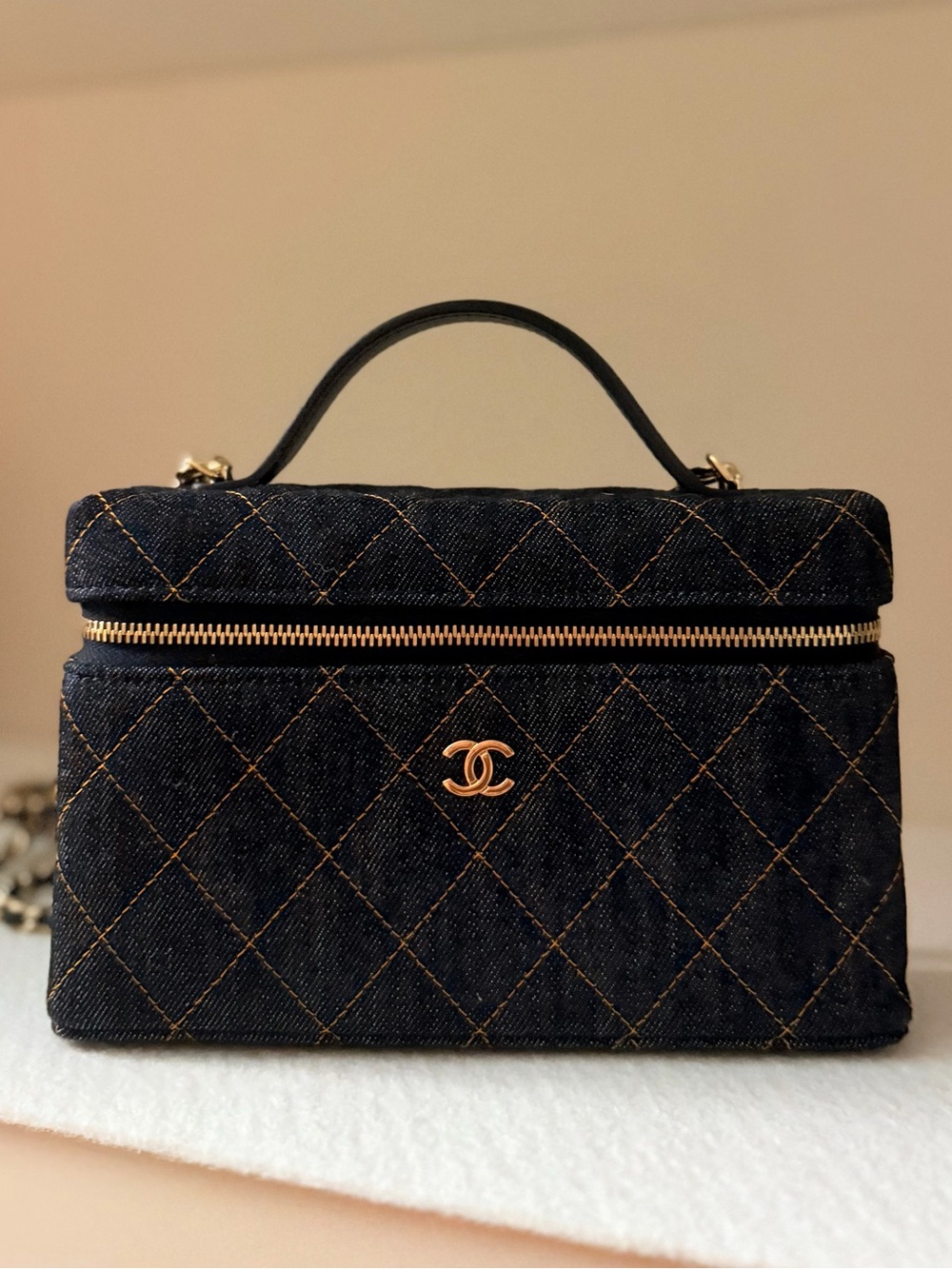 Chanel Quilted Dark Denim Vanity Case Bag with Gold Hardware 26P Matthieu Blazy